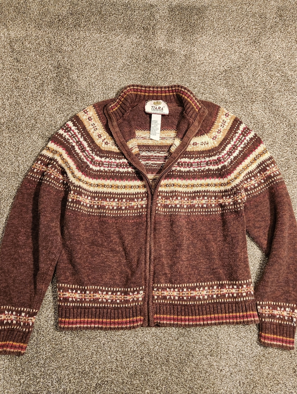Tiara Vtg 90s Brown Fair Isle Zip-Up Sweater Size L